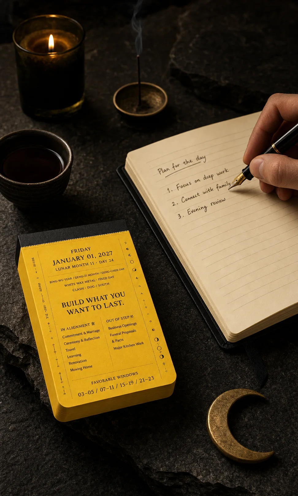 English Huangli beside a notebook during evening reflection